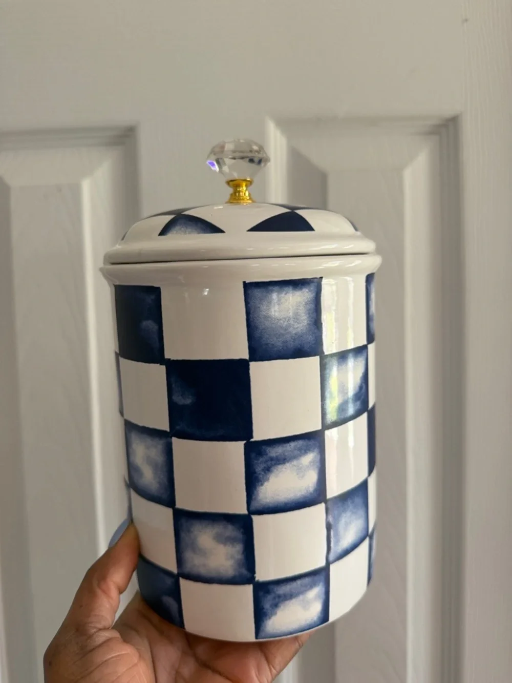 Blue & White Checkered Ceramic Canister with Clear Knob on Lid